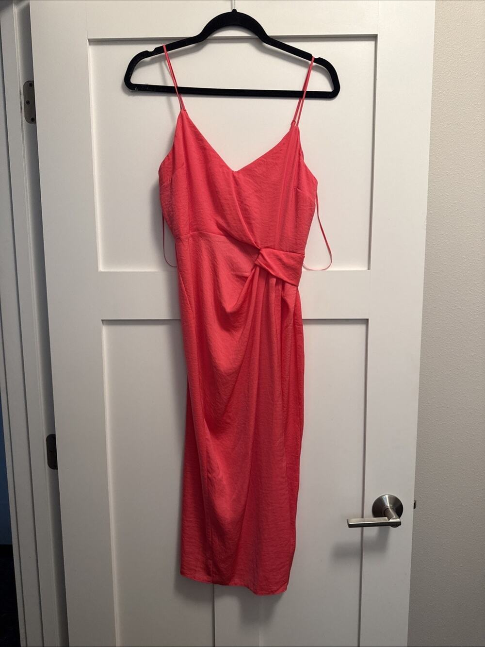 ASOS Side Knot Body V Neck Midi Strap Dress Bright Coral 6 NEW